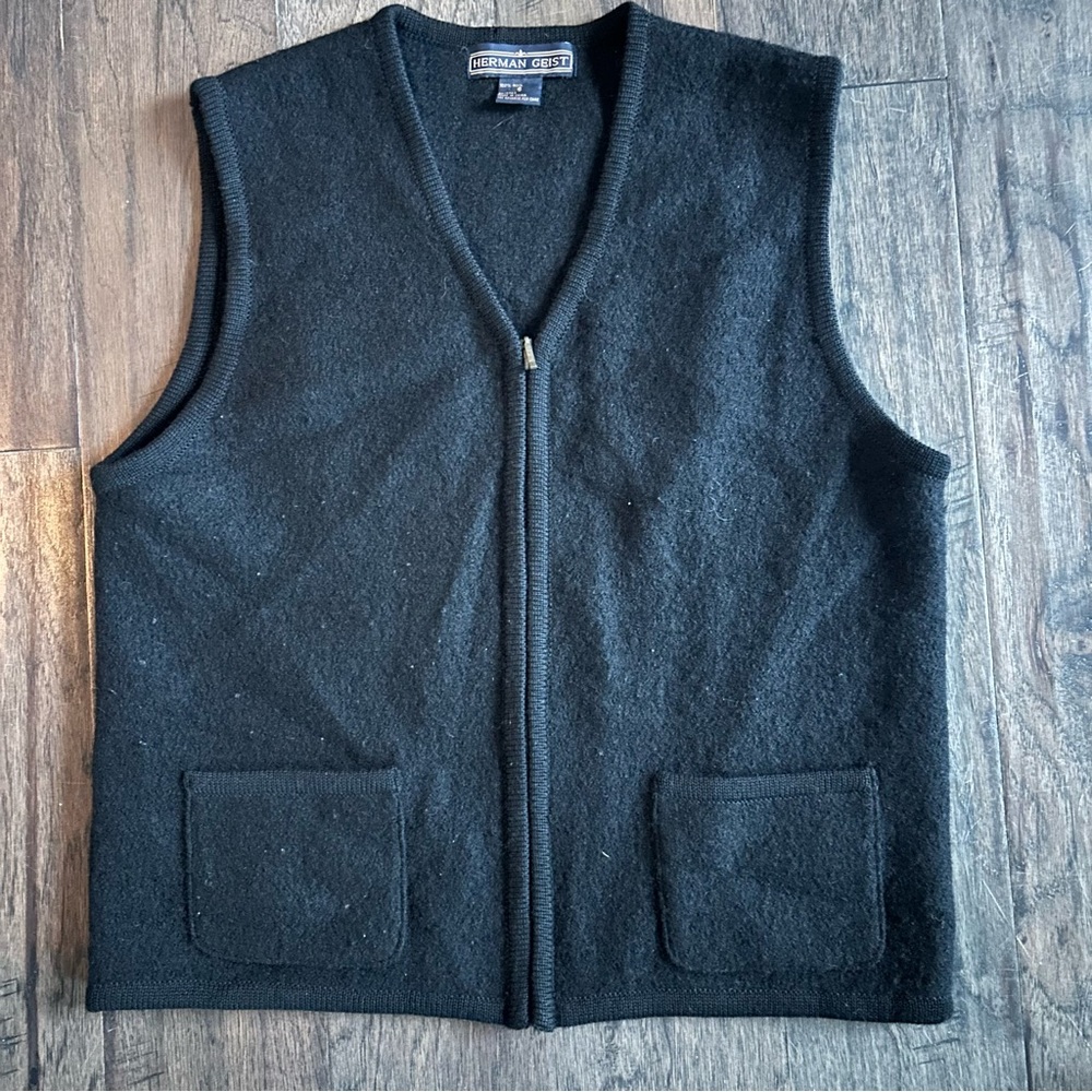 Vintage Herman Geist Black 100% Wool Zip Vest (S)